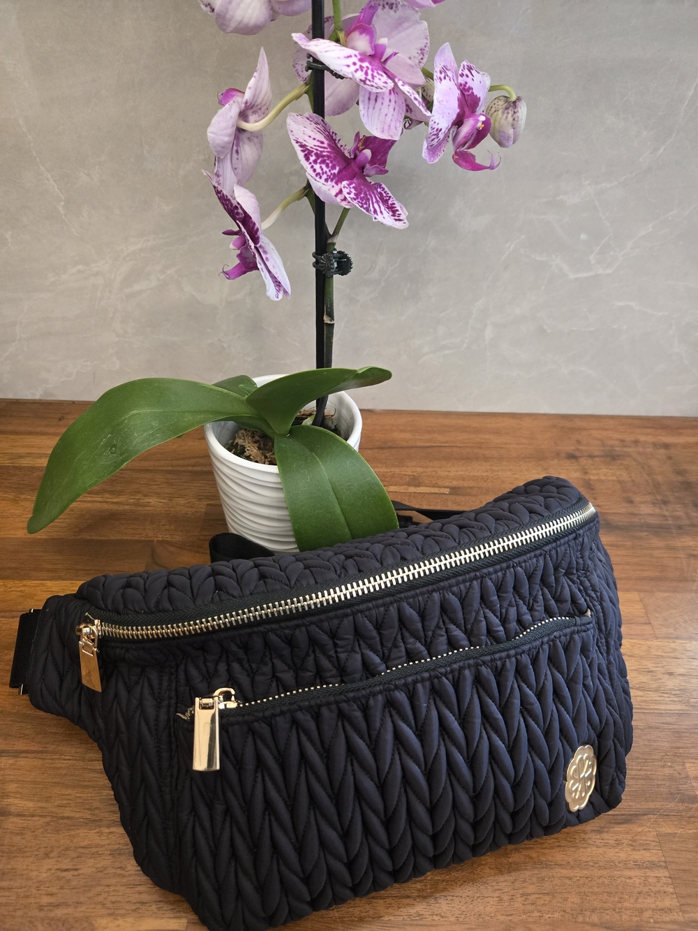 Sewboo Black Quilted Belt Bag Fanny Pack Gold Hardware